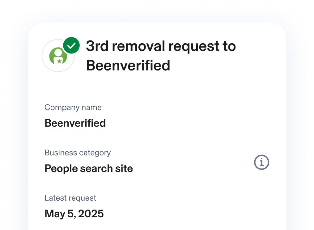Card showing “3rd removal request to Beenverified” with company name, category, and request date information.